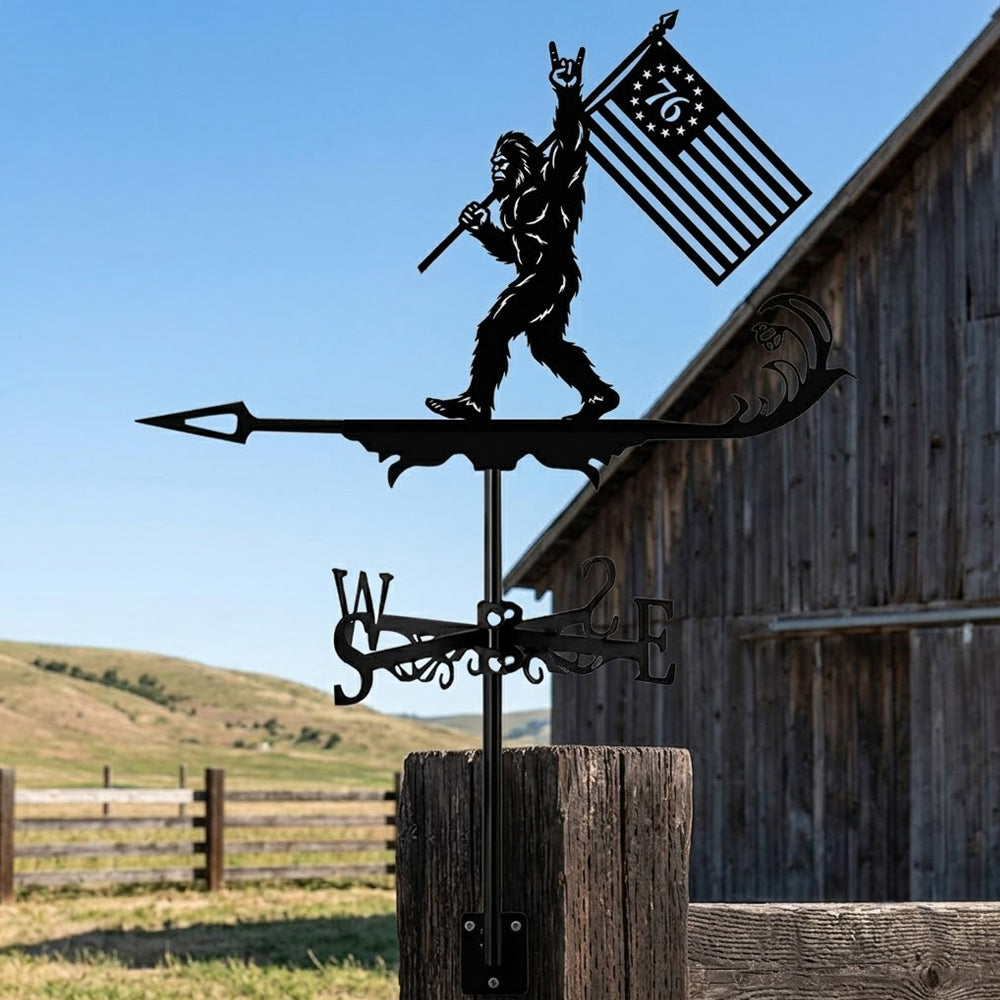 Bigfoot freedom flag metal weather vane with directional arrows and mounting rod, outdoor roof and garden decoration