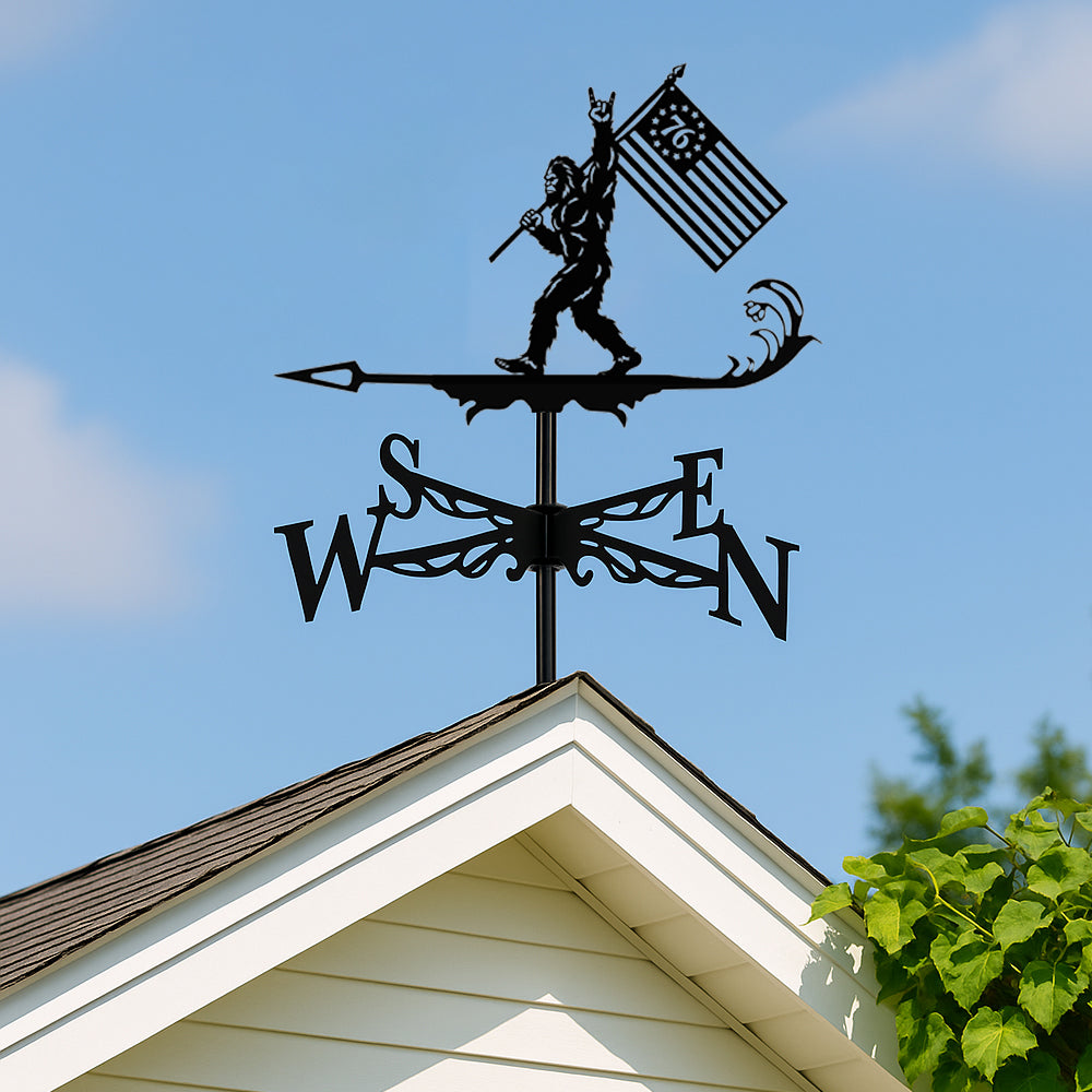 Bigfoot freedom flag metal weather vane with directional arrows and mounting rod, outdoor roof and garden decoration