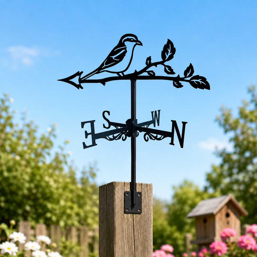 Bird on branch metal weather vane with directional arrows and mounting rod, outdoor roof and garden decoration