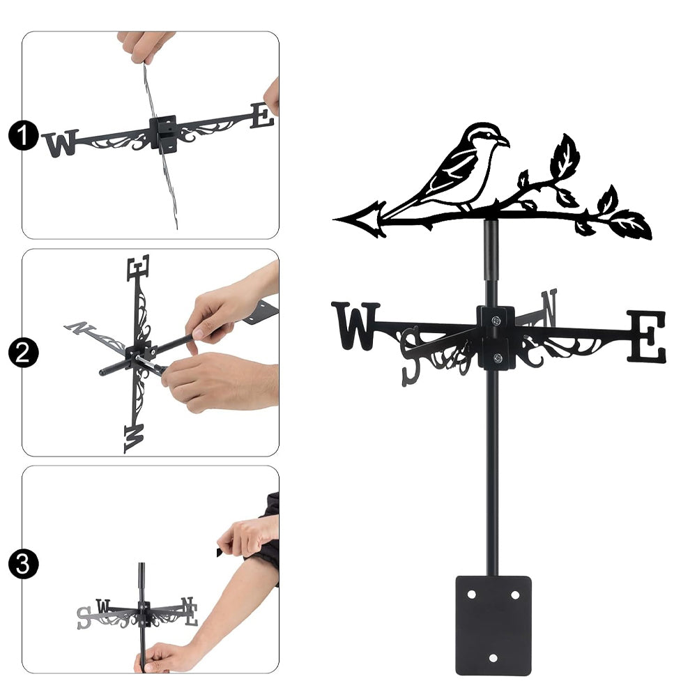 Bird on branch metal weather vane with directional arrows and mounting rod, outdoor roof and garden decoration