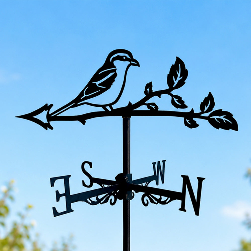 Bird on branch metal weather vane with directional arrows and mounting rod, outdoor roof and garden decoration