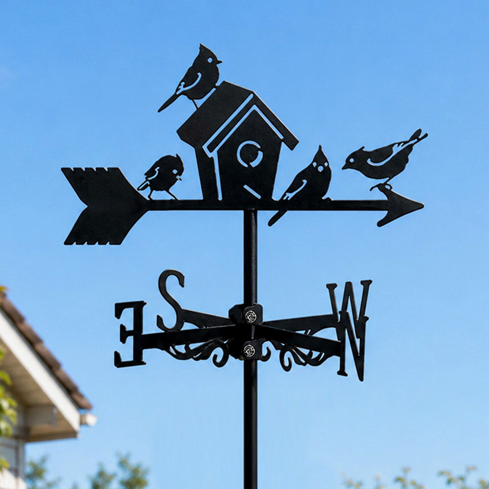 Birds and birdhouse metal weather vane with directional arrows and mounting rod, outdoor roof and garden decoration