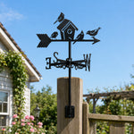 Birds and birdhouse metal weather vane with directional arrows and mounting rod, outdoor roof and garden decoration