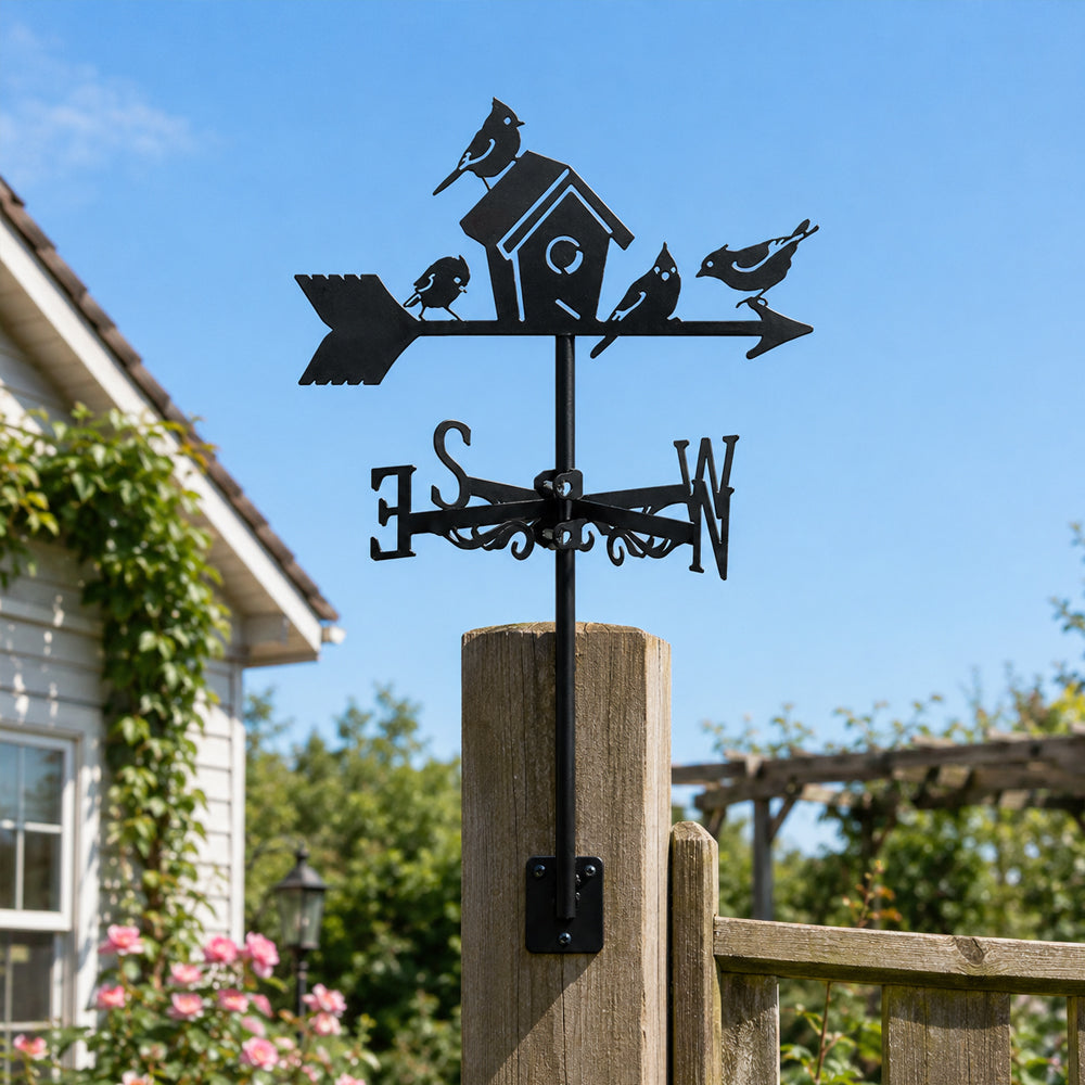 Birds and birdhouse metal weather vane with directional arrows and mounting rod, outdoor roof and garden decoration