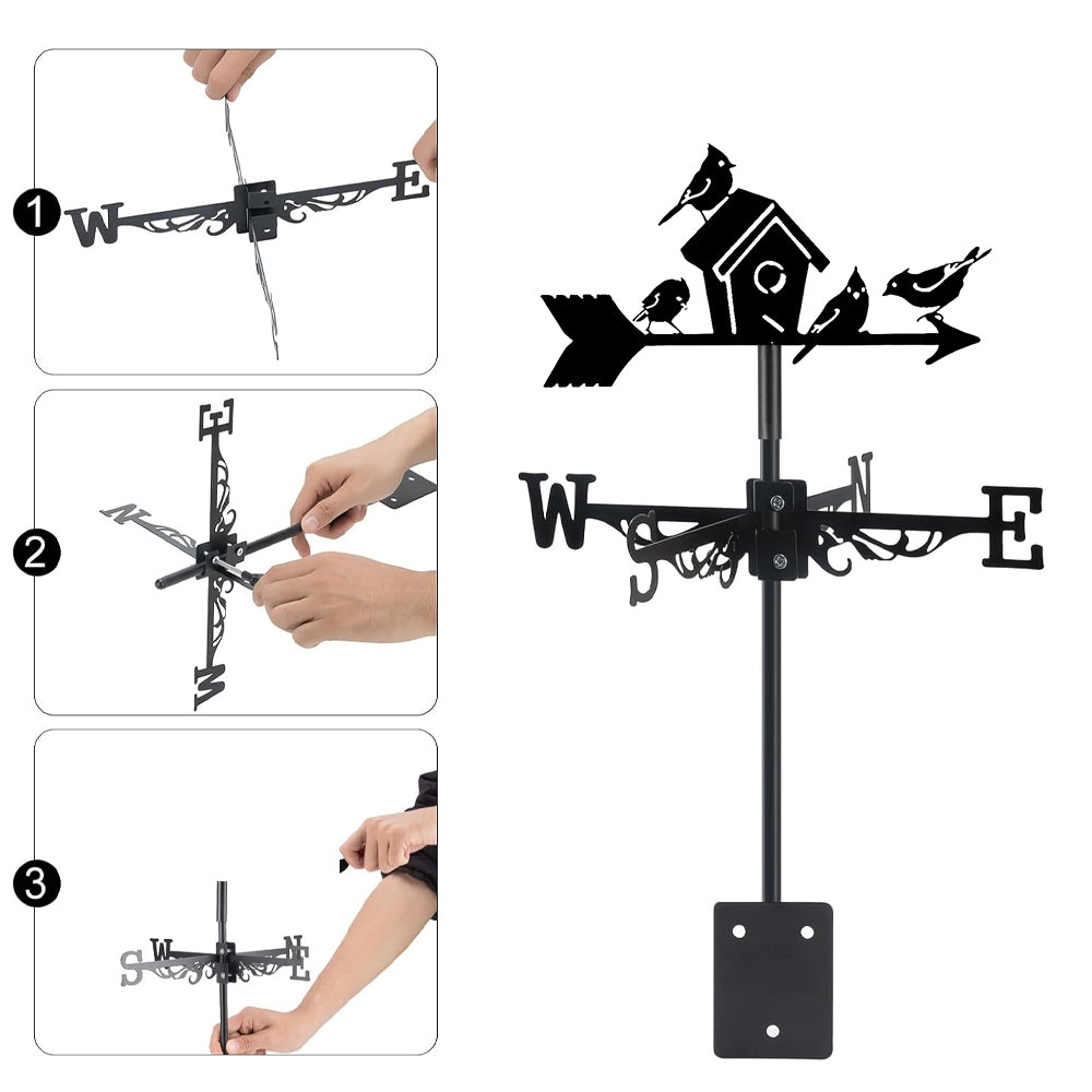 Birds and birdhouse metal weather vane with directional arrows and mounting rod, outdoor roof and garden decoration