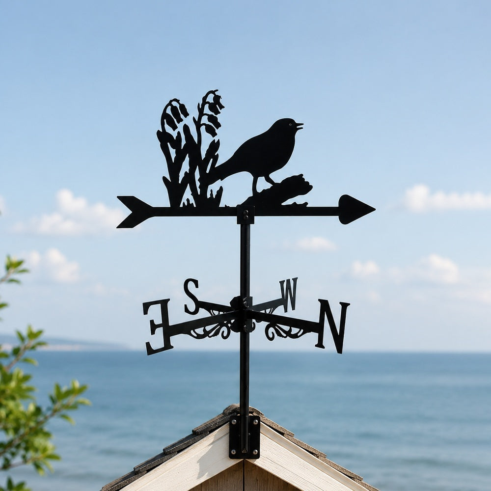 Birds and flowers metal weather vane with directional arrows and mounting rod, outdoor roof and garden decoration