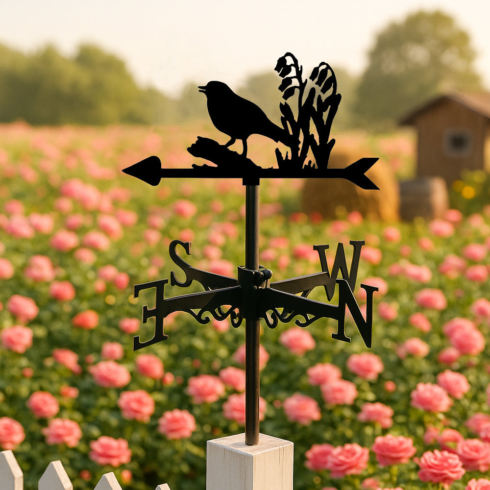 Birds and flowers metal weather vane with directional arrows and mounting rod, outdoor roof and garden decoration