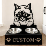 Personalized birman cat metal cat bowl stand with custom name cutout and two removable feeding bowls