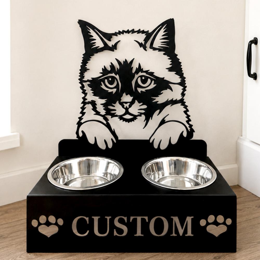 Personalized birman cat metal cat bowl stand with custom name cutout and two removable feeding bowls