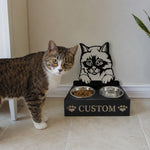 Personalized birman cat metal cat bowl stand with custom name cutout and two removable feeding bowls