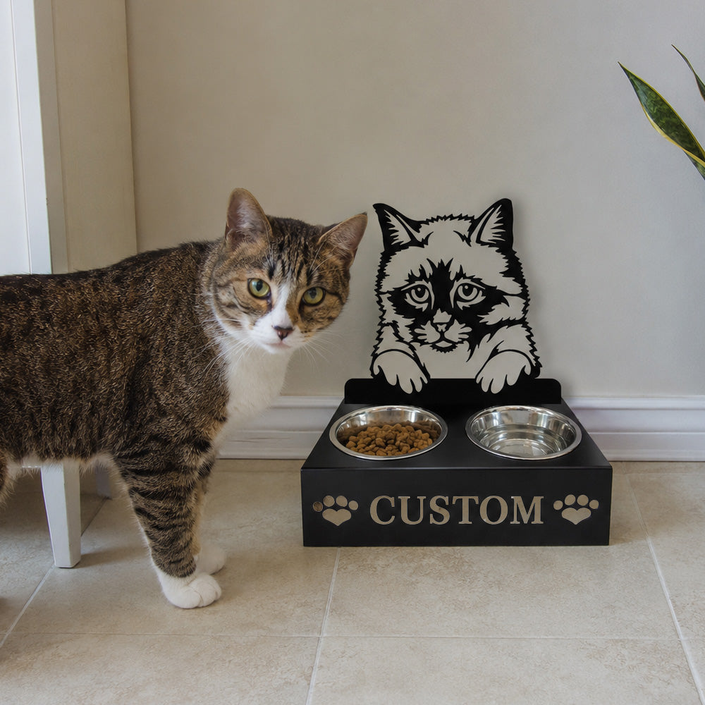 Personalized birman cat metal cat bowl stand with custom name cutout and two removable feeding bowls