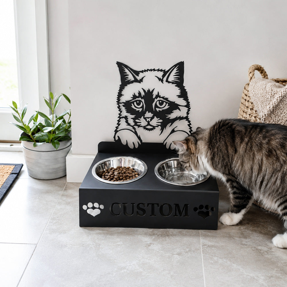 Personalized birman cat metal cat bowl stand with custom name cutout and two removable feeding bowls