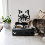 Personalized birman cat metal cat bowl stand with custom name cutout and two removable feeding bowls