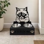 Personalized birman cat metal cat bowl stand with custom name cutout and two removable feeding bowls