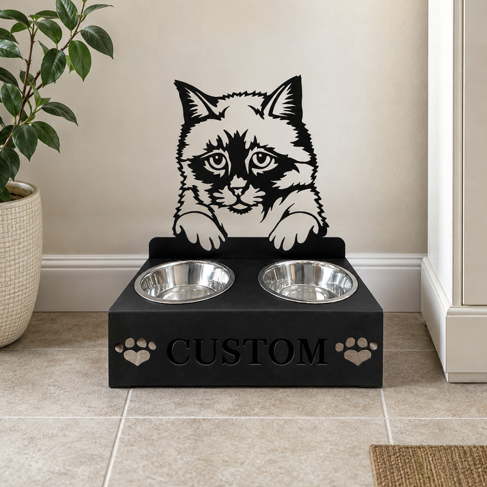 Personalized birman cat metal cat bowl stand with custom name cutout and two removable feeding bowls