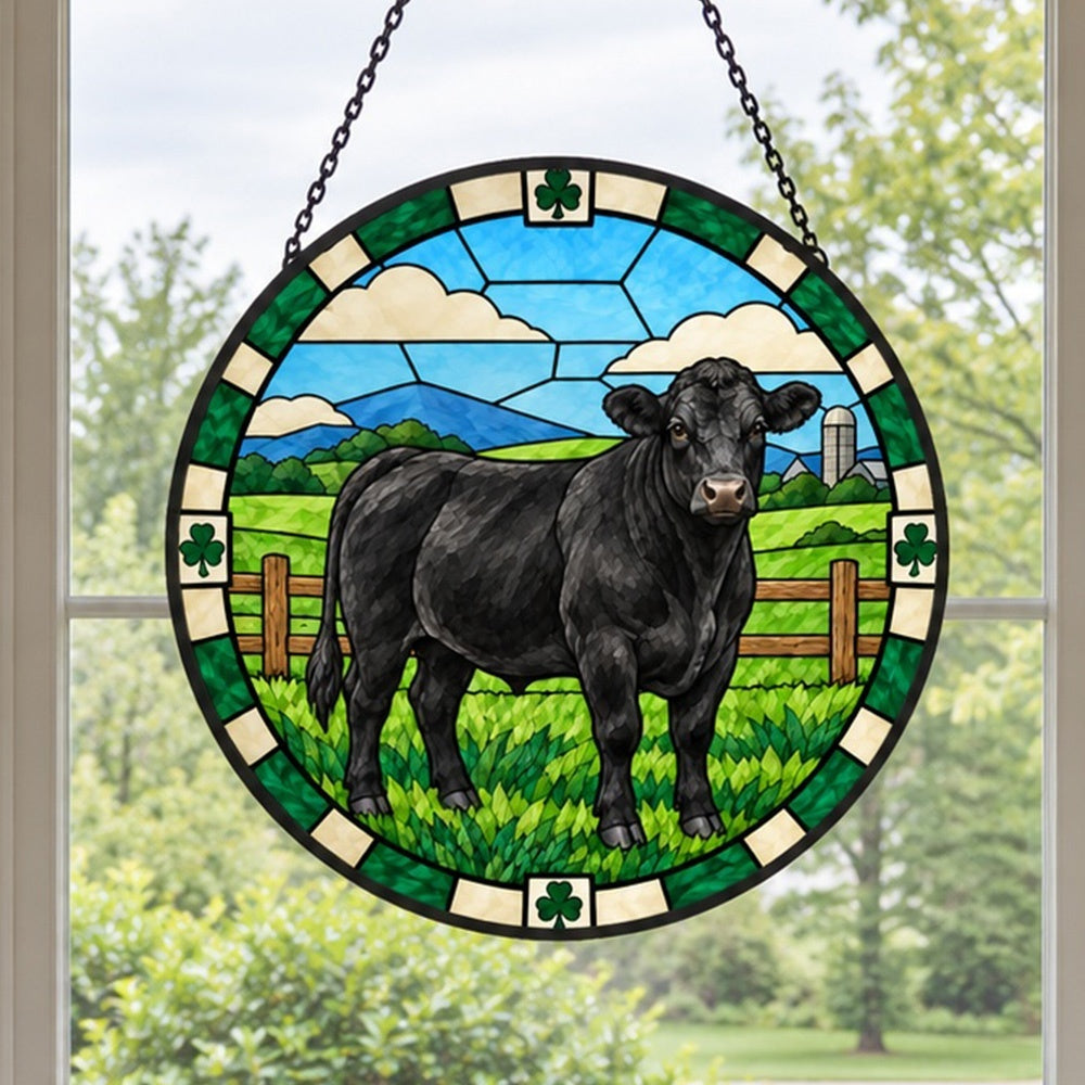 Black angus cattle stained glass suncatcher window hanging, suitable for home and garden decoration