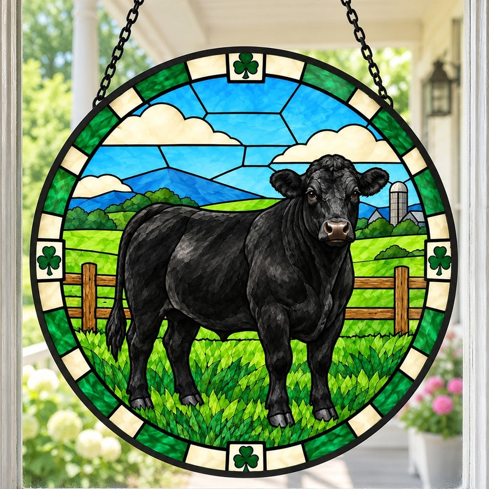 Black angus cattle stained glass suncatcher window hanging, suitable for home and garden decoration