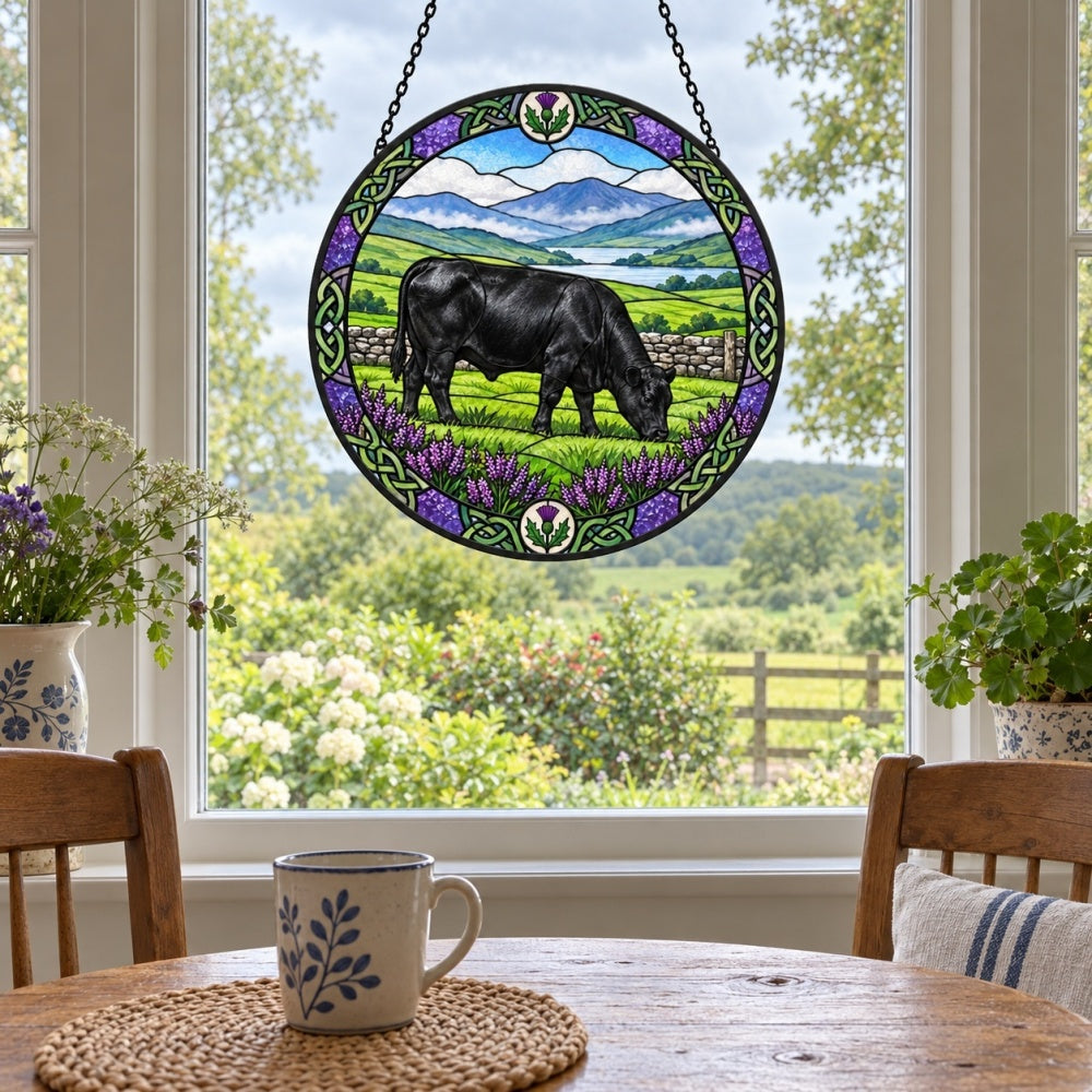 Black angus cattle stained glass suncatcher window hanging, suitable for home and garden decoration