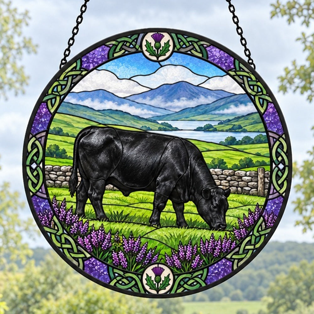 Black angus cattle stained glass suncatcher window hanging, suitable for home and garden decoration