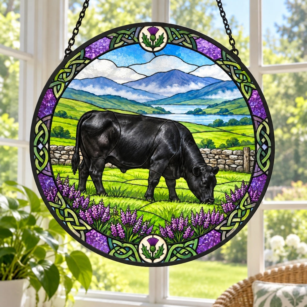 Black angus cattle stained glass suncatcher window hanging, suitable for home and garden decoration
