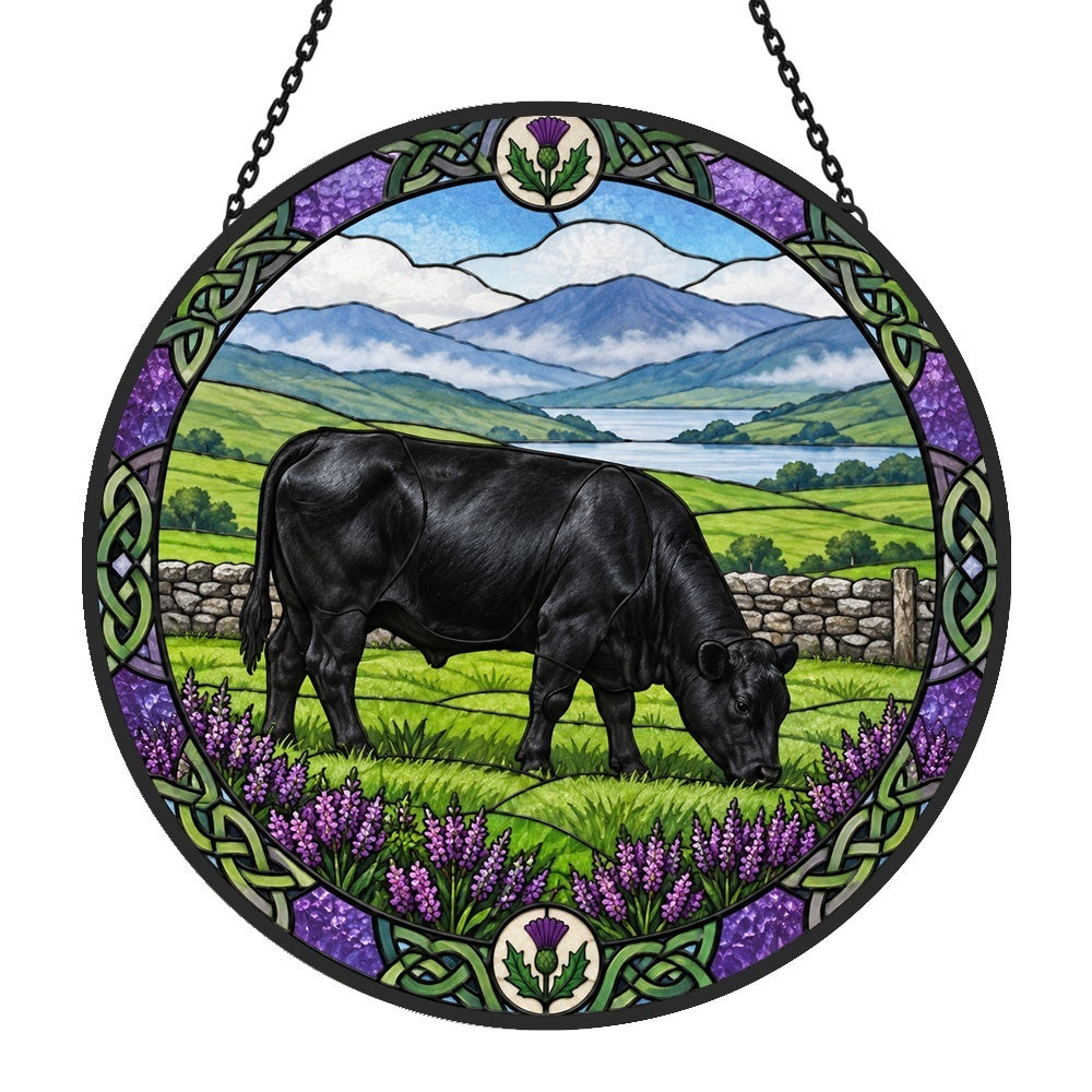 Black angus cattle stained glass suncatcher window hanging, suitable for home and garden decoration