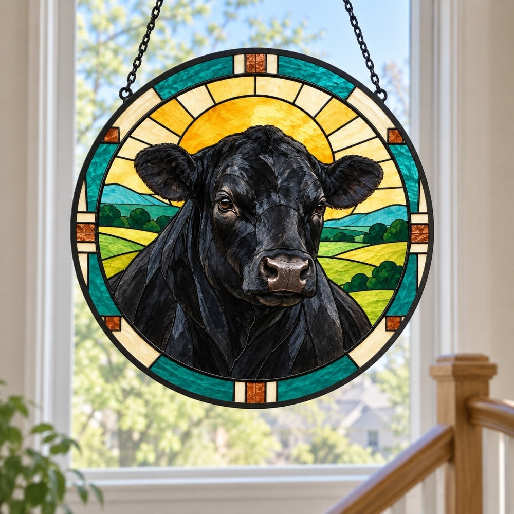 Black angus cattle stained glass suncatcher window hanging, suitable for home and garden decoration