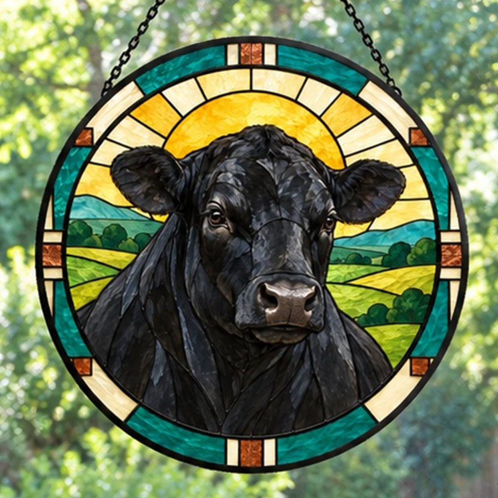 Black angus cattle stained glass suncatcher window hanging, suitable for home and garden decoration