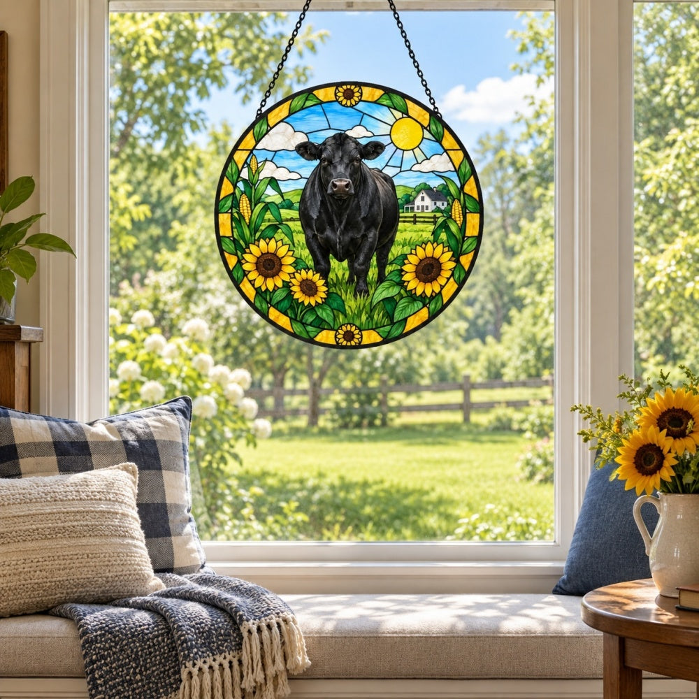Black angus cattle stained glass suncatcher window hanging, suitable for home and garden decoration