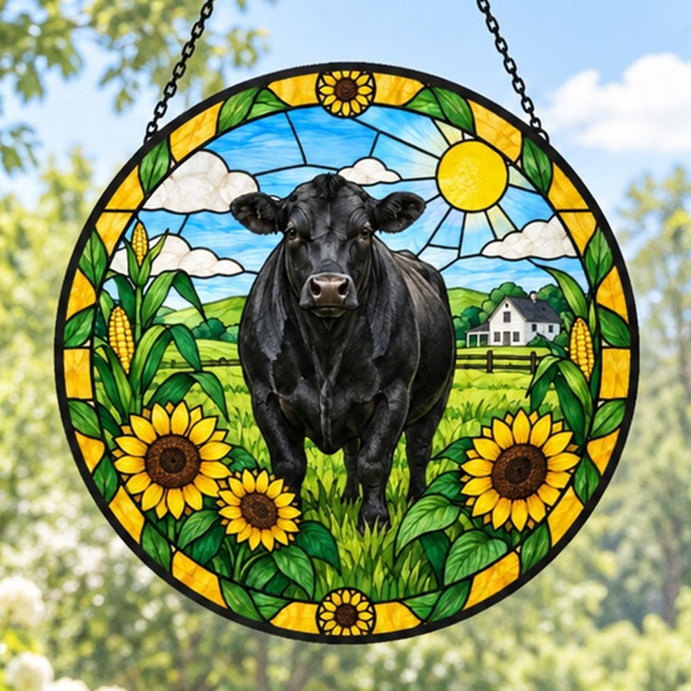 Black angus cattle stained glass suncatcher window hanging, suitable for home and garden decoration