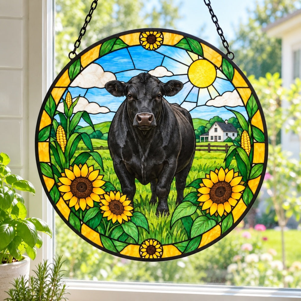 Black angus cattle stained glass suncatcher window hanging, suitable for home and garden decoration
