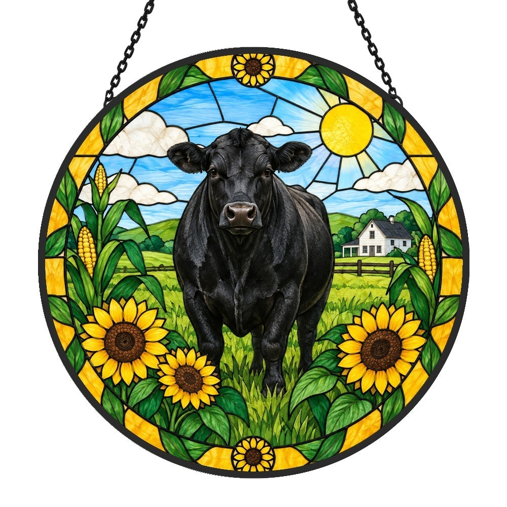 Black angus cattle stained glass suncatcher window hanging, suitable for home and garden decoration