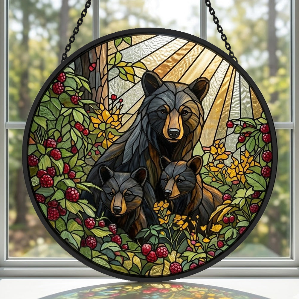 Black bear family stained glass suncatcher window hanging, suitable for home and garden decoration