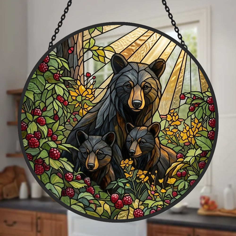 Black bear family stained glass suncatcher window hanging, suitable for home and garden decoration