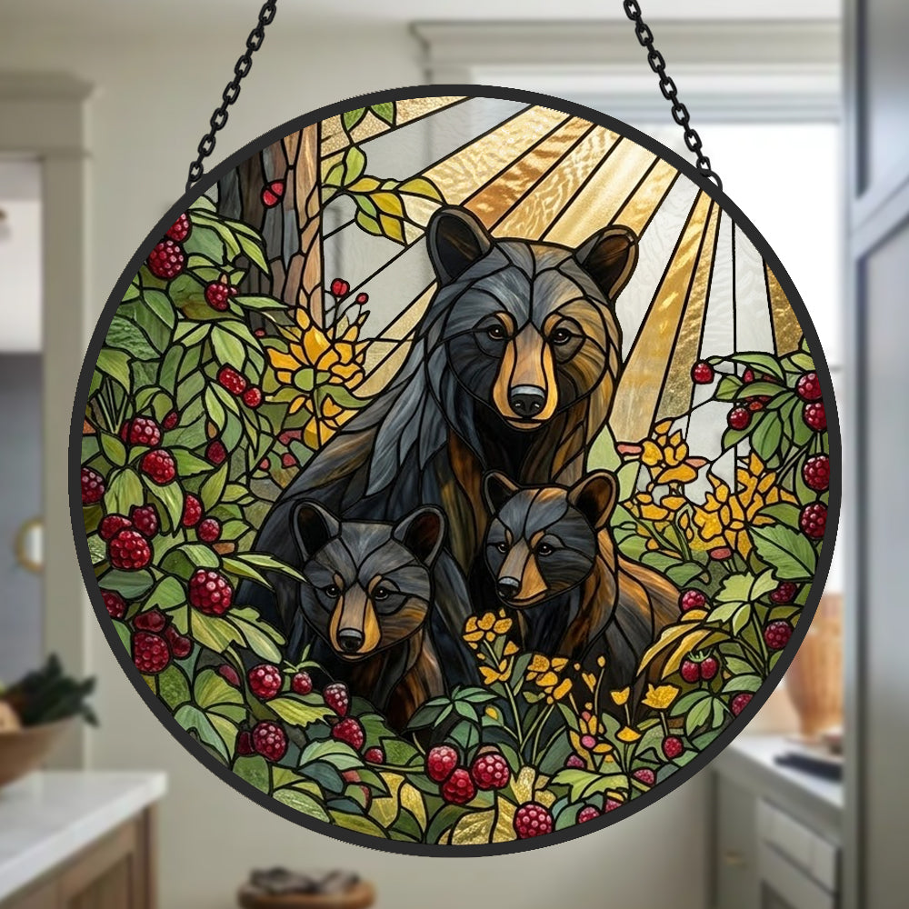 Black bear family stained glass suncatcher window hanging, suitable for home and garden decoration