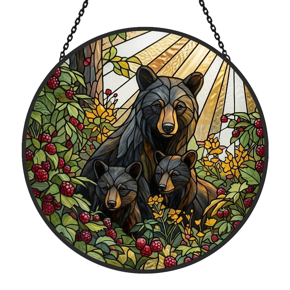 Black bear family stained glass suncatcher window hanging, suitable for home and garden decoration