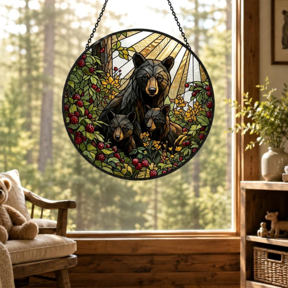 Black bear family stained glass suncatcher window hanging, suitable for home and garden decoration