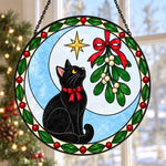 Black cat and mistleto christmas stained glass suncatcher window hanging, suitable for home and garden decoration