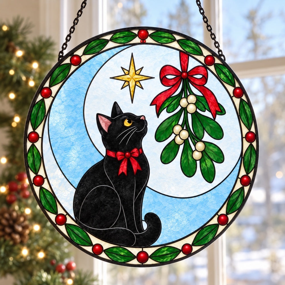 Black cat and mistleto christmas stained glass suncatcher window hanging, suitable for home and garden decoration