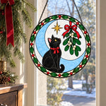 Black cat and mistleto christmas stained glass suncatcher window hanging, suitable for home and garden decoration