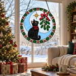 Black cat and mistleto christmas stained glass suncatcher window hanging, suitable for home and garden decoration