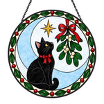 Black cat and mistleto christmas stained glass suncatcher window hanging, suitable for home and garden decoration