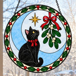 Black cat and mistleto christmas stained glass suncatcher window hanging, suitable for home and garden decoration
