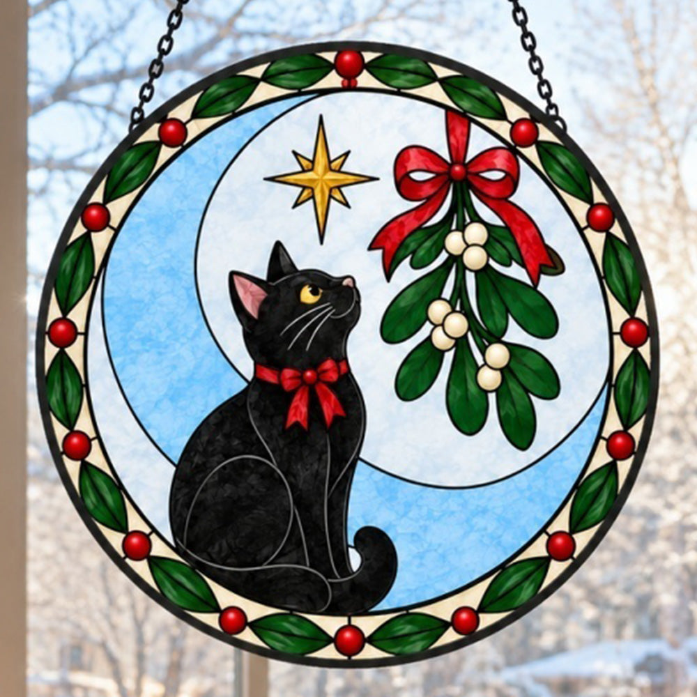 Black cat and mistleto christmas stained glass suncatcher window hanging, suitable for home and garden decoration