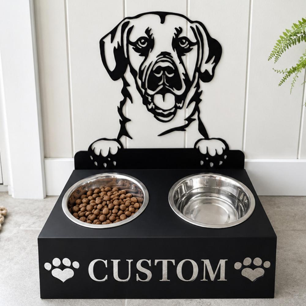 Personalized black mouth cur metal dog bowl stand with custom name cutout and two removable feeding bowls