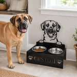 Personalized black mouth cur metal dog bowl stand with custom name cutout and two removable feeding bowls