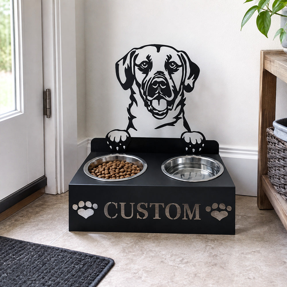 Personalized black mouth cur metal dog bowl stand with custom name cutout and two removable feeding bowls