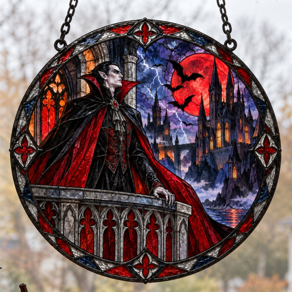 Blood Moon Castle Vampire Halloween stained glass suncatcher window hanging, suitable for home and garden decoration