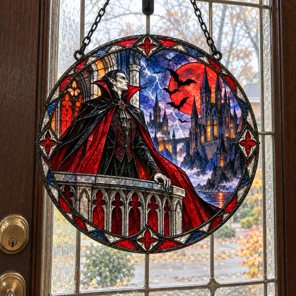 Blood Moon Castle Vampire Halloween stained glass suncatcher window hanging, suitable for home and garden decoration