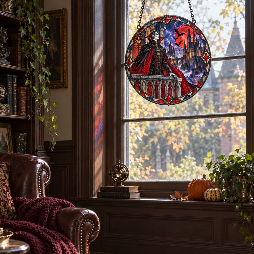 Blood Moon Castle Vampire Halloween stained glass suncatcher window hanging, suitable for home and garden decoration