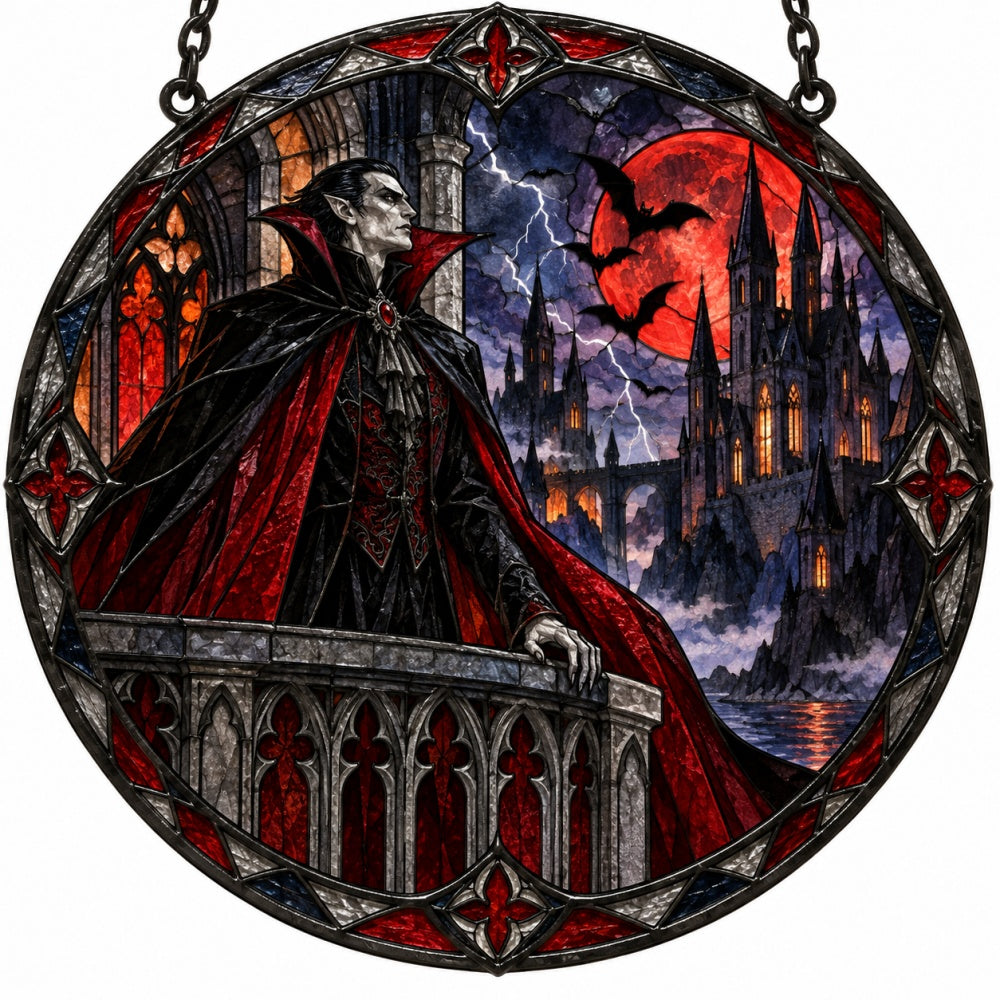 Blood Moon Castle Vampire Halloween stained glass suncatcher window hanging, suitable for home and garden decoration